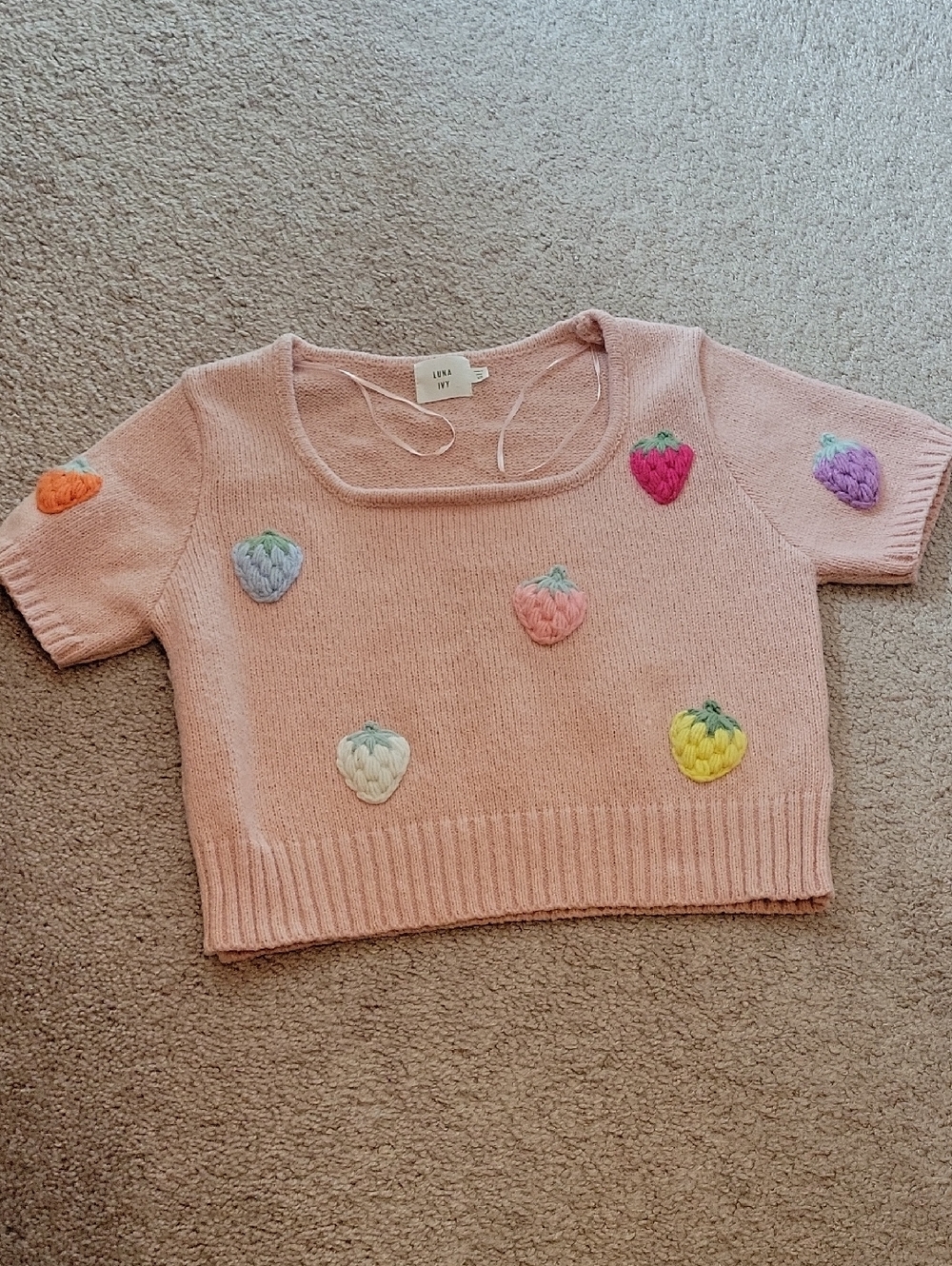 Knit Pink Cropped Strawberry Sweater Top Square Neck